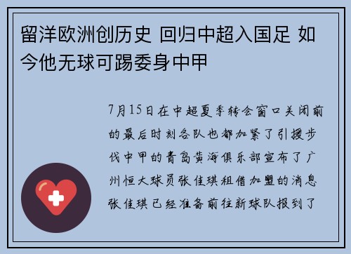 留洋欧洲创历史 回归中超入国足 如今他无球可踢委身中甲