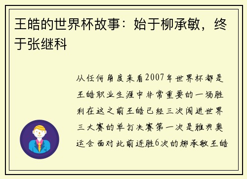 王皓的世界杯故事：始于柳承敏，终于张继科